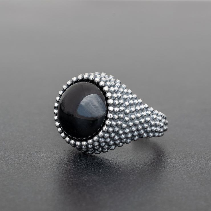 Big round 925 silver men's ring with black agate gemstone | Emmanuela®