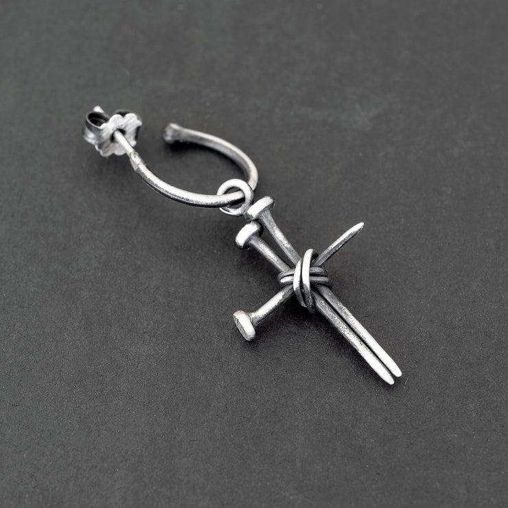 Handmade 925 sterling silver 'Cross of nails' earring for men Emmanuela - handcrafted for you