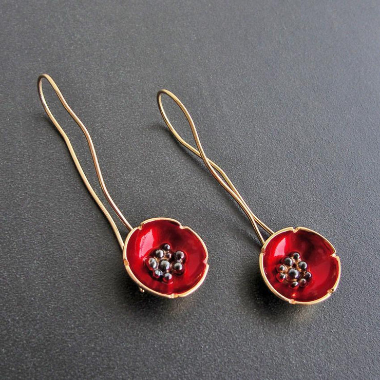 Long poppy flower earrings, sterling silver & red enamel | Emmanuela®