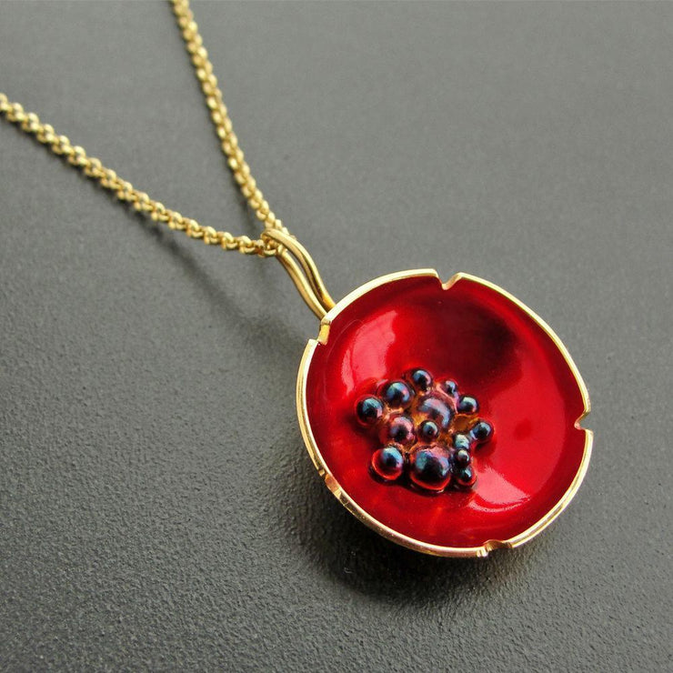 Round, sterling silver & red enamel flower necklace by Emmanuela® 