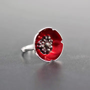 Round sterling silver poppy flower ring with red enamel | Emmanuela®