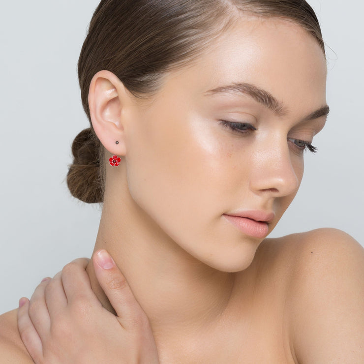 Sterling silver flower ear jacket earrings, red enamel | Emmanuela® 