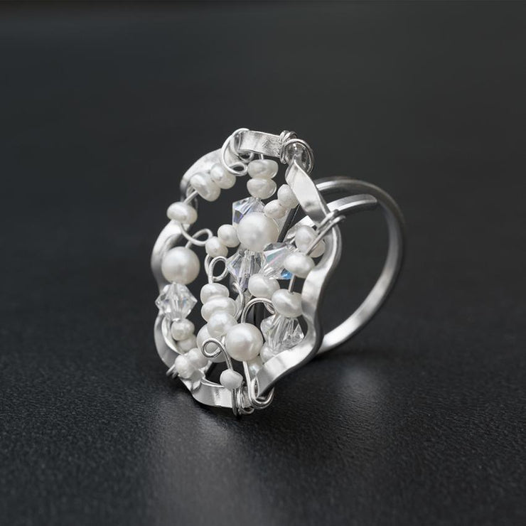 Handmade 925 sterling silver Ring with pearls and Swarovski Emmanuela - handcrafted for you